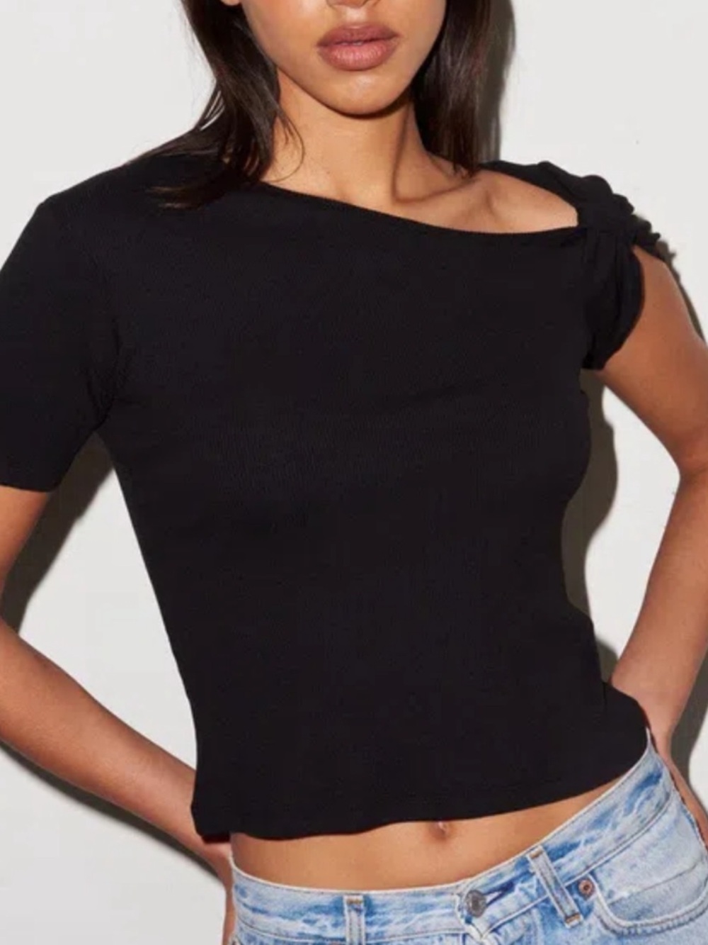 LNA Black Ribbed Knotted Shoulder Rio Top - Picture 3 of 6